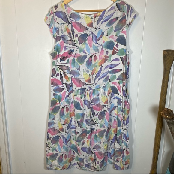 Luca Vanucci 100% Linen Tunic Style Dress Pastel Leaves Patterned Colourful - Picture 6 of 11